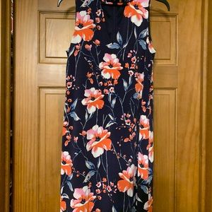 Navy with floral high neck, cut out v dress